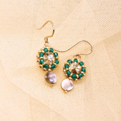 Bijoux créateur français – boucles Lisa brodées à la main en onyx vert et nacre.