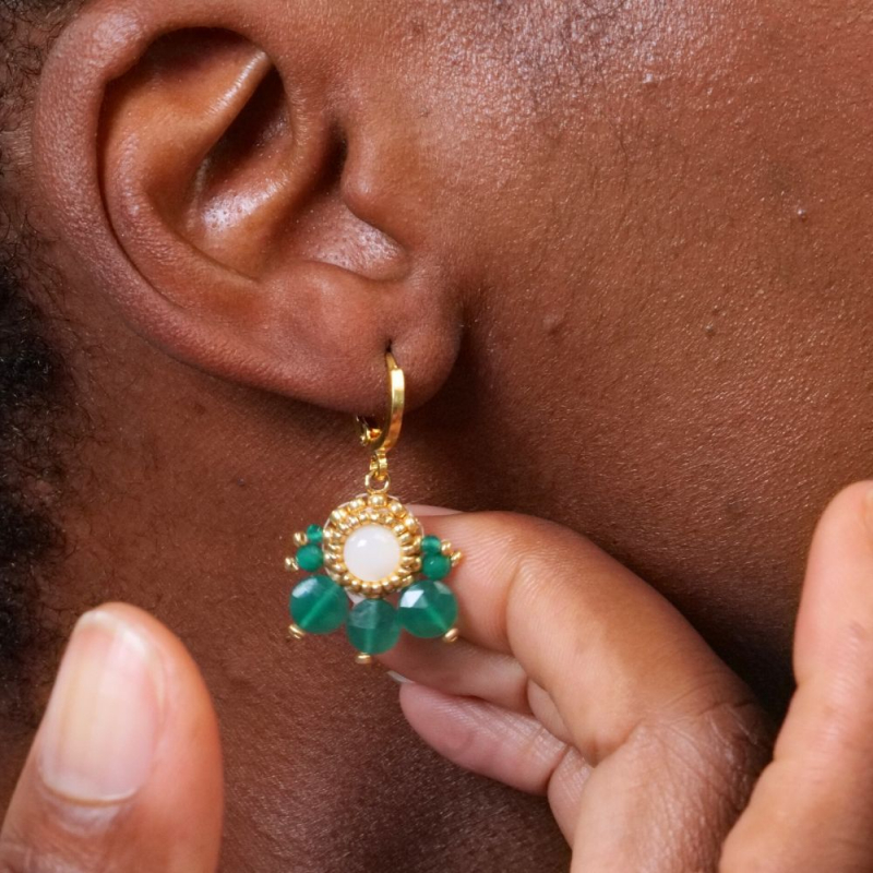 Boucles dormeuses Suzie – discrètes et élégantes en onyx vert et nacre. Boucles dormeuses Suzie – discrètes et élégantes en onyx vert et nacre.