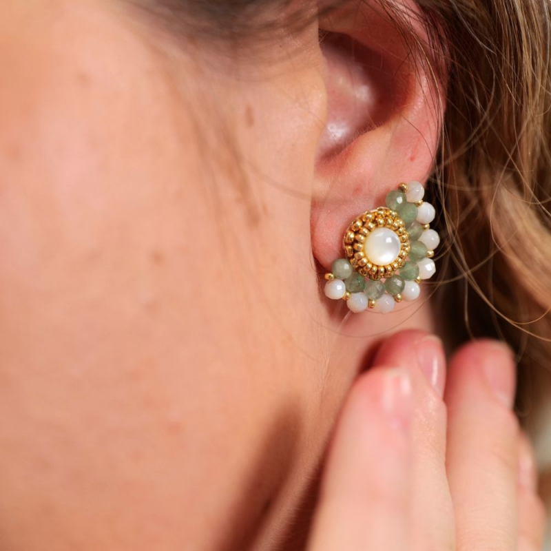 Boucles Anaïs en aventurine et nacre – bijou artisanal