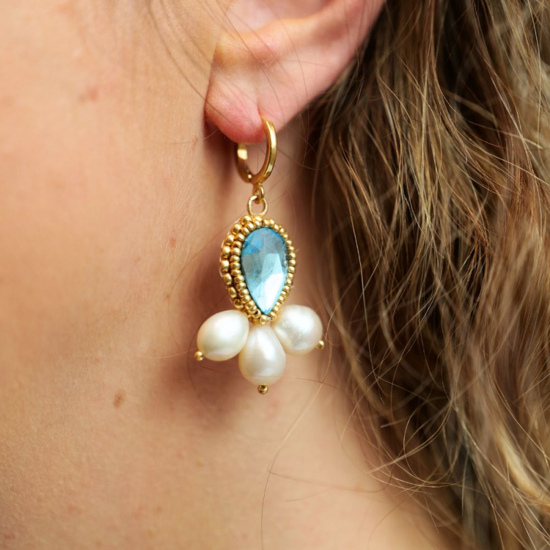1.	Les boucles Azélie bleu céleste – bijou artisanal brodé à la main avec cristal autrichien et nacre.