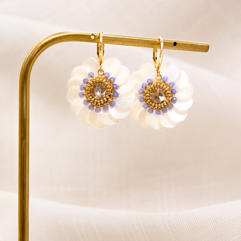 Boucles d'oreilles Marielle en nacre blanche et perles bleu brume, brodées à la main dans l'atelier Colette s'apprête. Un bijou
