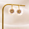 Boucles d'oreilles Marielle en nacre blanche et perles bleu brume, brodées à la main dans l'atelier Colette s'apprête. Un bijou