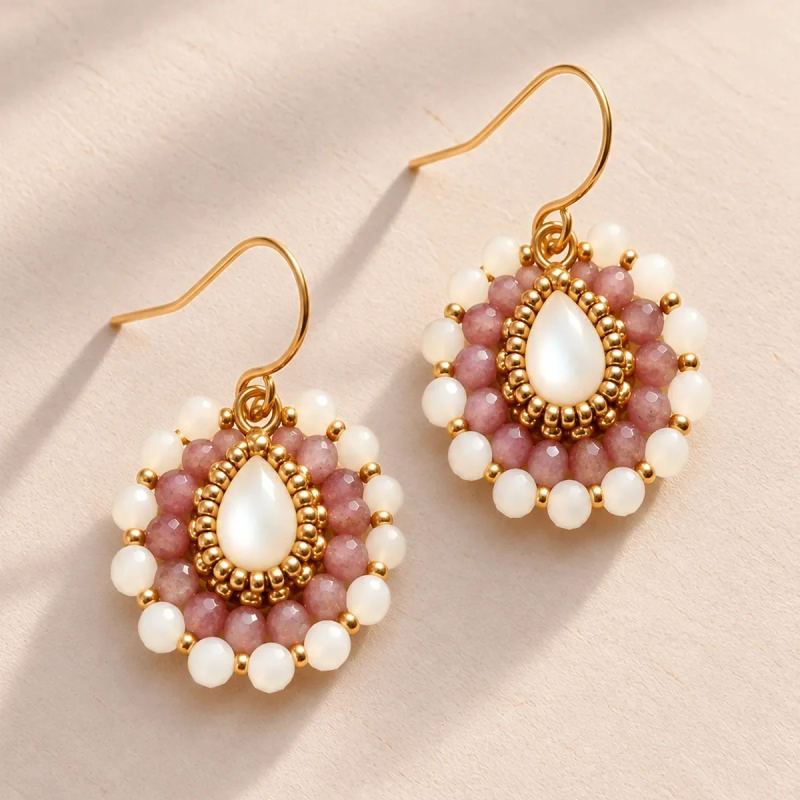 .	Boucles d'oreilles Juliette en tourmaline rose et nacre brodées à la main